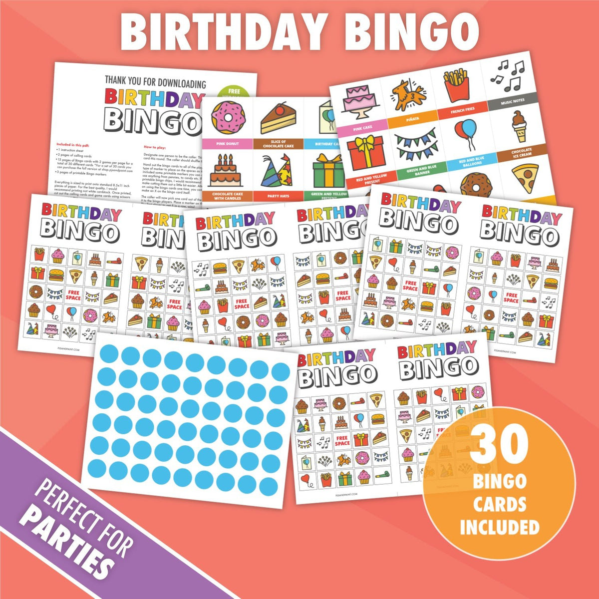 Printable Birthday Themed Bingo Game - Pjs and Paint®