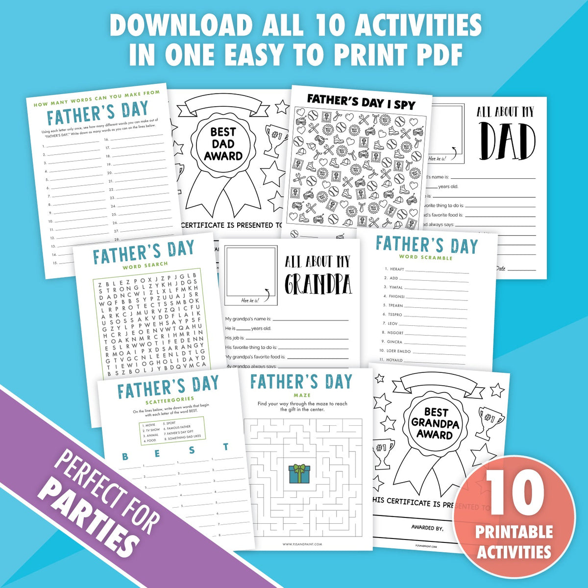 10 Printable Father's Day Activities Bundle - Pjs and Paint®