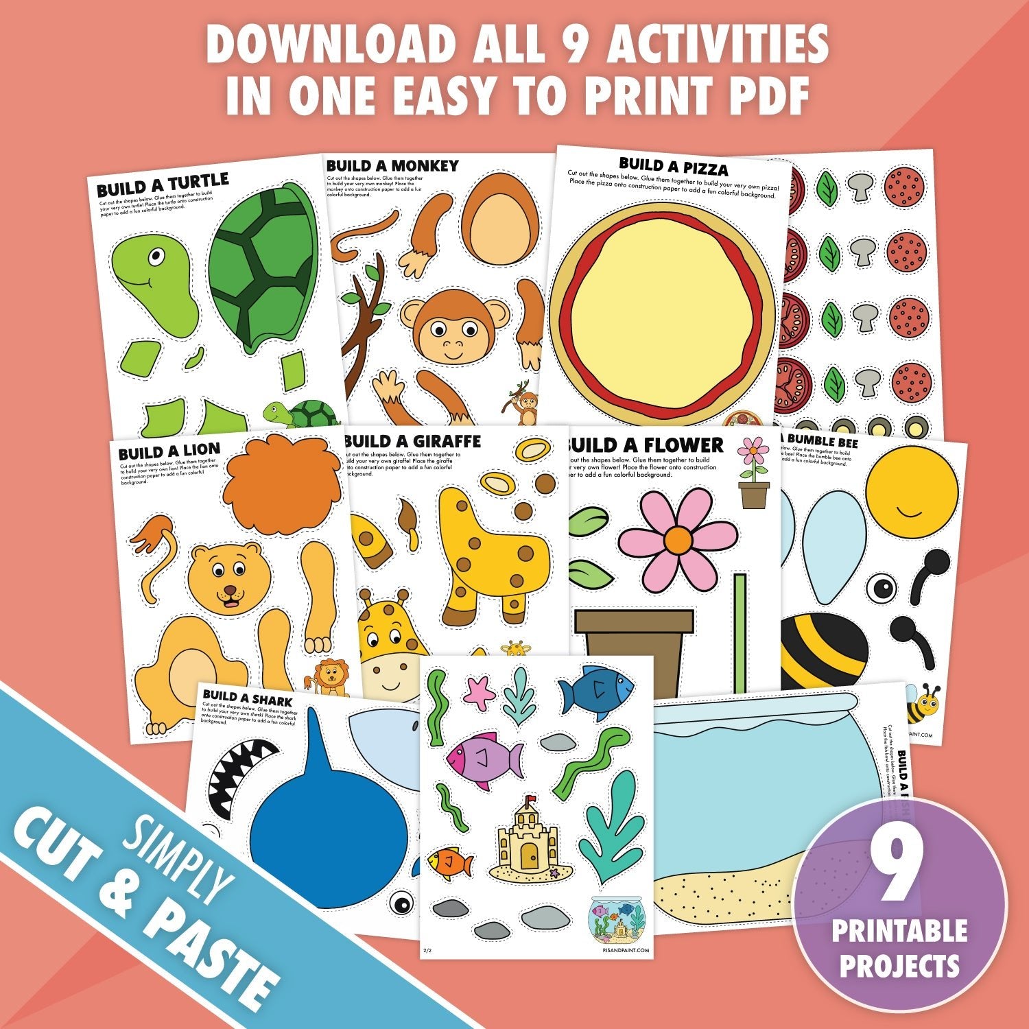 9 Printable Cut and Paste Craft Bundle - Pjs and Paint®